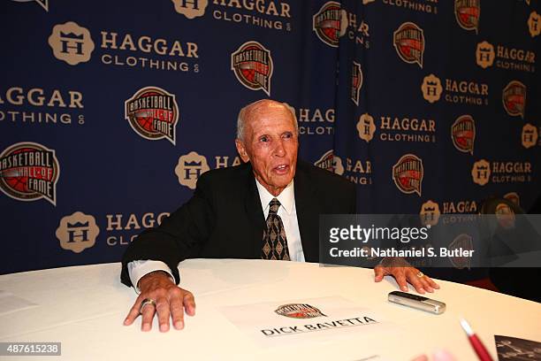 Dick Bavetta speaks to the media during the Class of 2015 Press Event as part of the 2015 Basketball Hall of Fame Enshrinement Ceremony on September...