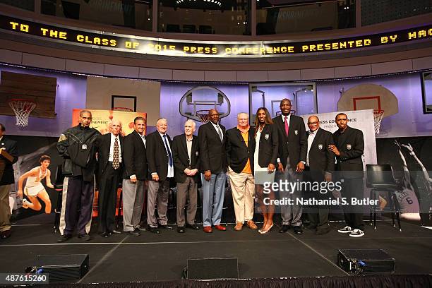 The 2015 Hall of Fame Class poses during the Class of 2015 Press Event as part of the 2015 Basketball Hall of Fame Enshrinement Ceremony on September...
