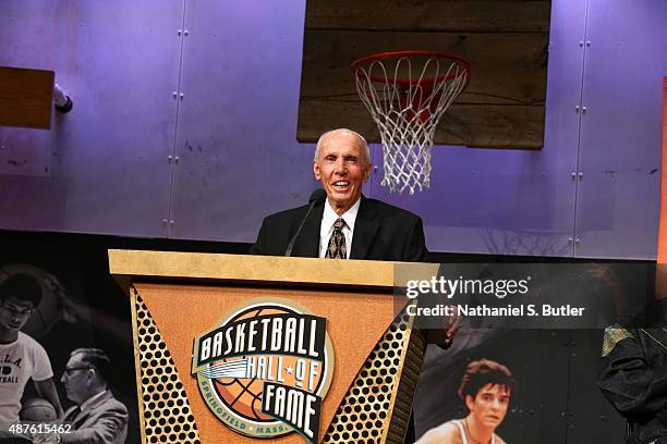 Dick Bavetta speaks to the media during the Class of 2015 Press Event as part of the 2015 Basketball Hall of Fame Enshrinement Ceremony on September...