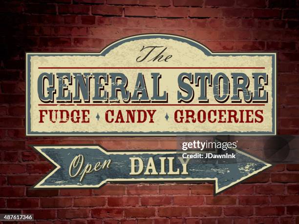 stockillustraties, clipart, cartoons en iconen met vintage light blue wooden general store signage on brick wall - vintage arrow vector