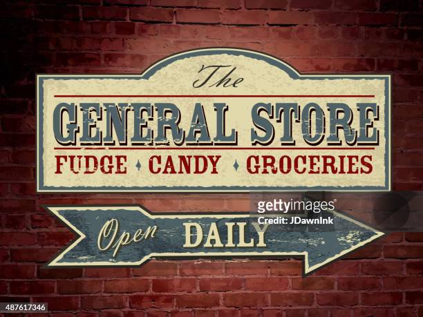 vintage light blue wooden general store signage on brick wall - country and western music stock illustrations