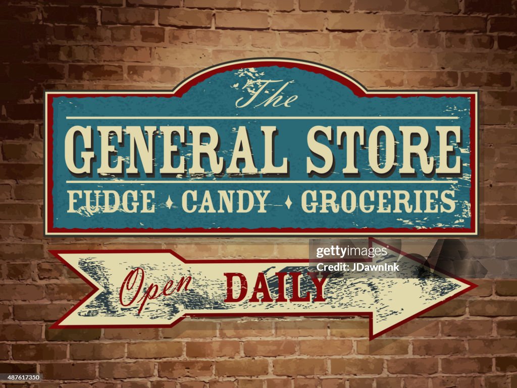 Vintage Wooden General Store Signage On Yellow Brick Wall High-Res ...