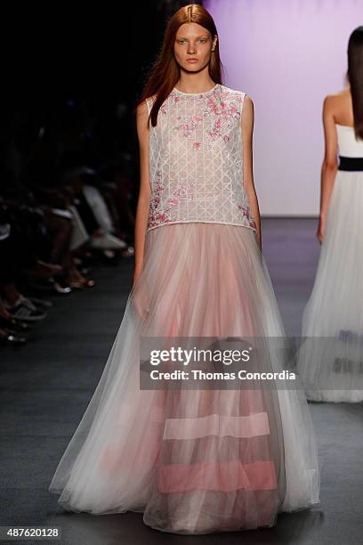 Model walks the runway wearing Tadashi Shoji Spring 2016 during New York Fashion Week: The Shows at The Dock, Skylight at Moynihan Station on...