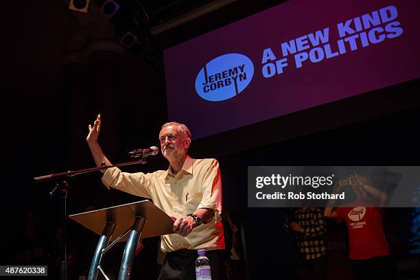 Jeremy Corbyn, MP for Islington North and candidate in the Labour Party leadership election, speaks to supporters at the Rock Tower on September 10,...