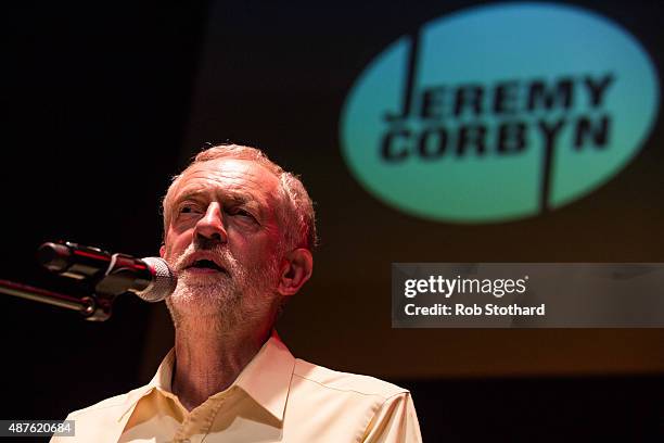 Jeremy Corbyn, MP for Islington North and candidate in the Labour Party leadership election, speaks to supporters at the Rock Tower on September 10,...