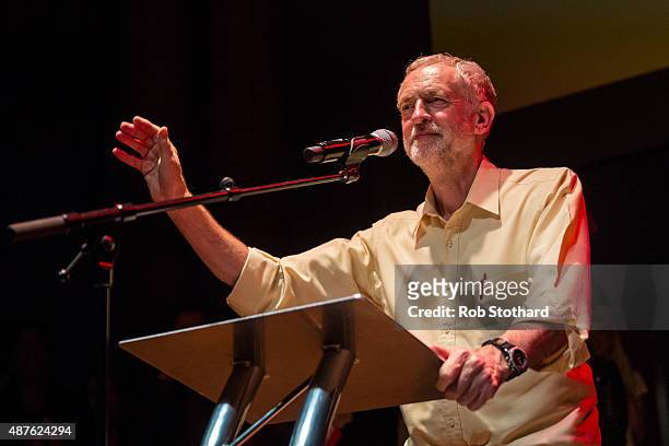 Jeremy Corbyn, MP for Islington North and candidate in the Labour Party leadership election, speaks to supporters at the Rock Tower on September 10,...