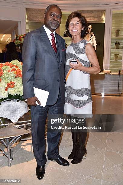 Ambassador of Angola, Miguel Da Costa and Sylvie Rousseau attend the 'Vendanges Montaigne 2015' at Dior at Avenue Montaigne on September 10, 2015 in...