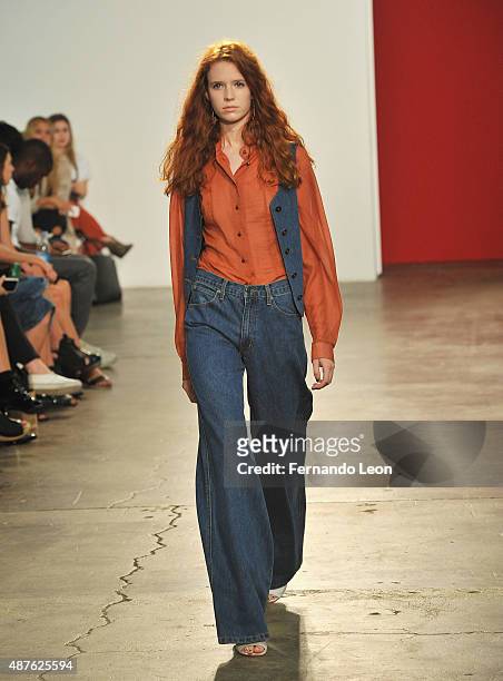 Model walks the runway during the Creatures of Comfort fashion show during Spring 2016 New York Fashion Week at Maccarone Gallery on September 10,...