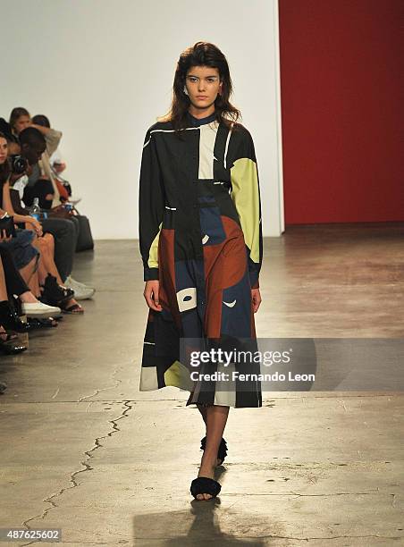 Model walks the runway during the Creatures of Comfort fashion show during Spring 2016 New York Fashion Week at Maccarone Gallery on September 10,...