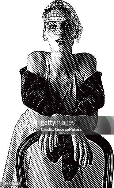 retro woman dressed for nightlife - mink stole shawl stock illustrations