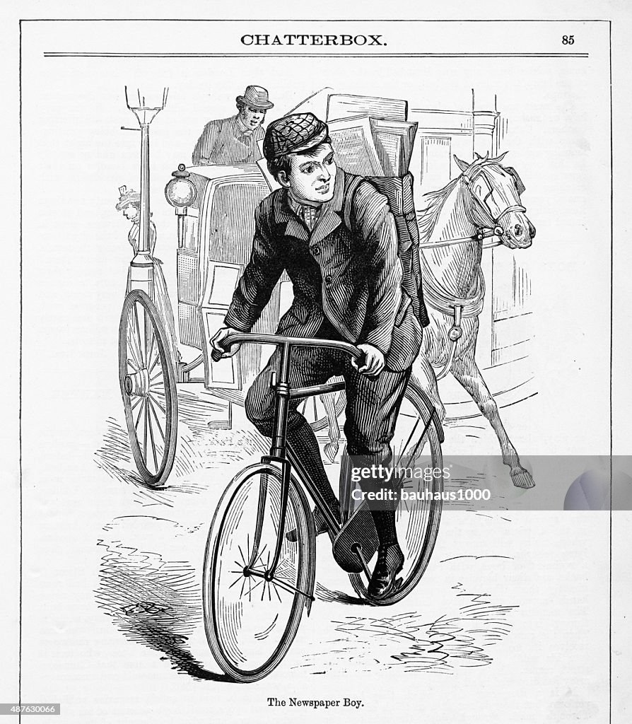 Boy on a Bicycle Delivering Newspapers Victorian Engraving