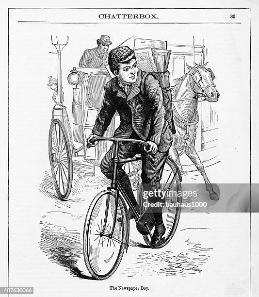 boy on a bicycle delivering newspapers victorian engraving - vintage bike riding stock illustrations