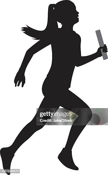 mädchen läuft mit baton silhouette - women's track stock-grafiken, -clipart, -cartoons und -symbole