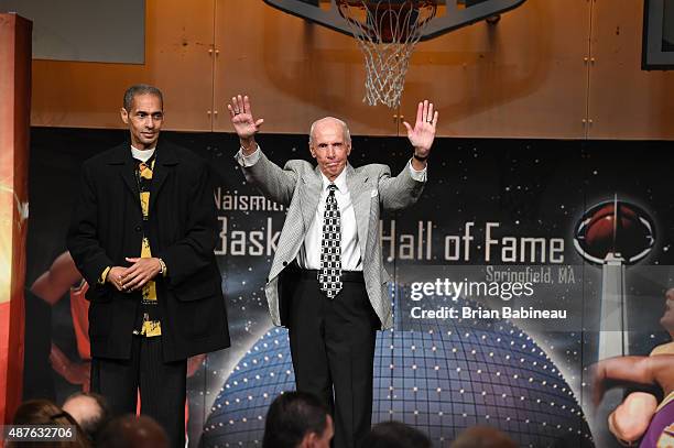 Referee Dick Bavetta waves to the crowd at the Family Reunion & Awards Dinner as part of the 2015 Basketball Hall of Fame Enshrinement Ceremony on...