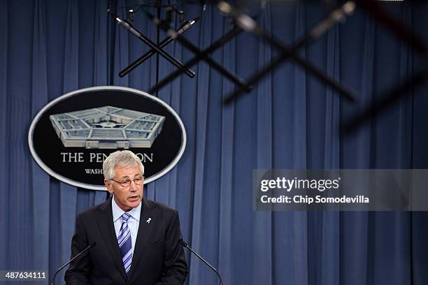 Defense Secretary Chuck Hagel delivers remarks about the Defense Department's sexual assault prevention and response program at the Pentagon May 1,...