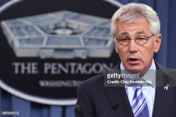 Defense Secretary Chuck Hagel delivers remarks about the Defense Department's sexual assault prevention and response program at the Pentagon May 1,...