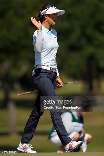 Michelle Wie reacts after holing an eagle putt on the 10th hole during Round One of the North Texas LPGA Shootout Presented by JTBC at the Las...