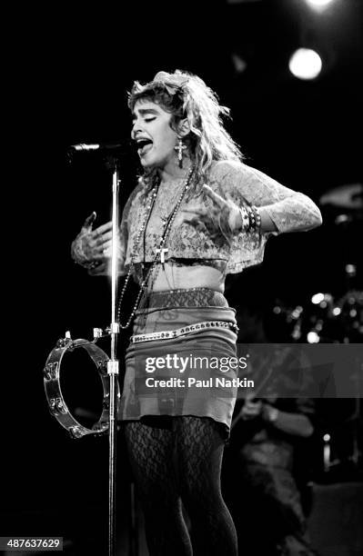 American musician Madonna performs onstage at the University of Illinois Pavilion, Chicago, Illinois, May 18, 1985.