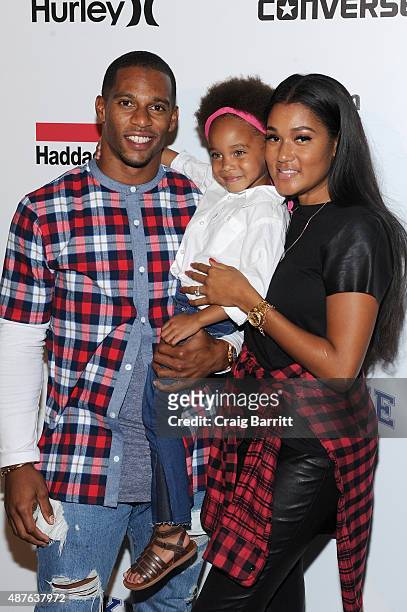 Player Victor Cruz, wife Elaina Watley and daughter Kennedy Cruz attend the Nike/Levi's Kids Rock! fashion show during Spring 2016 New York Fashion...