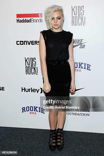 Kaya Stewart poses backstage at the Kids Rock! fashion show during Spring 2016 New York Fashion Week: The Shows at The Dock, Skylight at Moynihan...