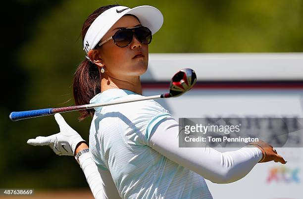 Michelle Wie reacts after hitting a tee shot during Round One of the North Texas LPGA Shootout Presented by JTBC at the Las Colinas Country Club on...
