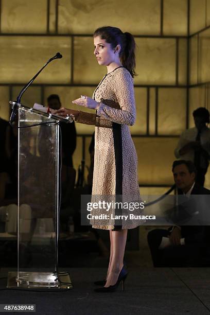 Anna Kendrick speaks on stage during The Daily Front Row's Third Annual Fashion Media Awards at the Park Hyatt New York on September 10, 2015 in New...