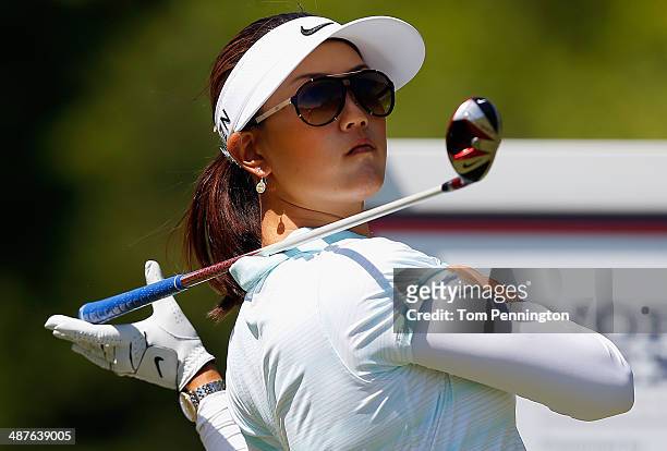 Michelle Wie reacts after hitting a tee shot during Round One of the North Texas LPGA Shootout Presented by JTBC at the Las Colinas Country Club on...