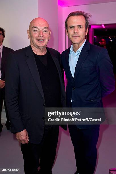 Jean Nouvel and Guillaume Houze attend the Auction Dinner to Benefit 'Institiut Imagine' on September 10, 2015 in Paris, France.