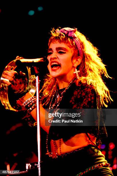 American musician Madonna performs onstage at the University of Illinois Pavilion, Chicago, Illinois, May 18, 1985.