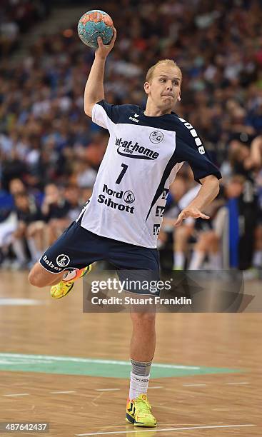 Anders Eggert of Flensburg thows a goal during the DKB Bundesliga handball game between HSV Hamburg and SG Flensburg Handewitt at O2 World on May 1,...