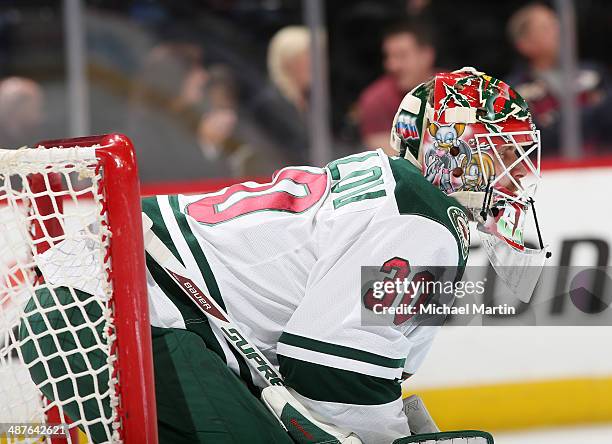 Goaltender Ilya Bryzgalov the Minnesota Wild looks on against the Colorado Avalanche in Game Seven of the First Round of the 2014 Stanley Cup...