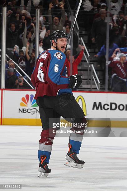 Erik Johnson the Colorado Avalanche celebrates a goal against the Minnesota Wild in Game Seven of the First Round of the 2014 Stanley Cup Playoffs at...