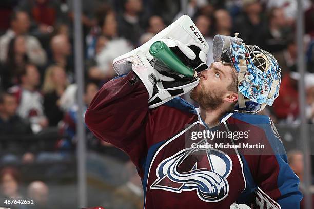 Goaltender Semyon Varlamov the Colorado Avalanche takes a drink during the game against the Minnesota Wild in Game Seven of the First Round of the...