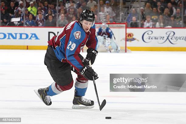 Nathan MacKinnon of the Colorado Avalanche skates against the Minnesota Wild in Game Seven of the First Round of the 2014 Stanley Cup Playoffs at the...