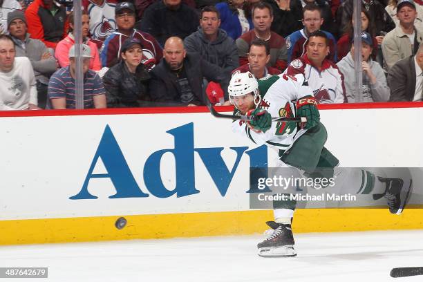 Jonas Brodin of the Minnesota Wild shoots against the Colorado Avalanche in Game Seven of the First Round of the 2014 Stanley Cup Playoffs at the...