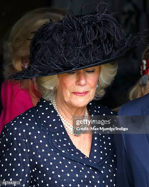 Camilla, Duchess of Cornwall leaves Holy Trinity Church, Stourpaine after attending the funeral of her brother Mark Shand on May 1, 2014 near...