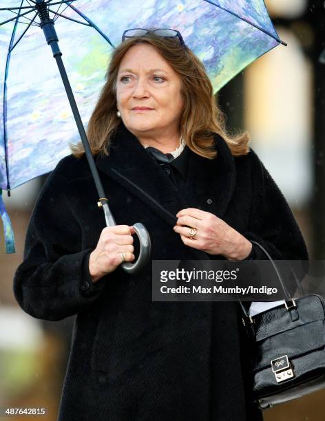 Leonora Anson, Countess of Lichfield attends the funeral of Mark Shand at Holy Trinity Church, Stourpaine on May 1, 2014 near Blandford Forum in...