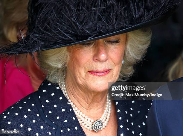 Camilla, Duchess of Cornwall leaves Holy Trinity Church, Stourpaine after attending the funeral of her brother Mark Shand on May 1, 2014 near...