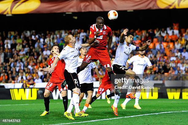 Stephane Mbia of Sevilla FC scores his team's first goal during the UEFA Europa League Semi Final second leg match between Valencia CF and Sevilla FC...