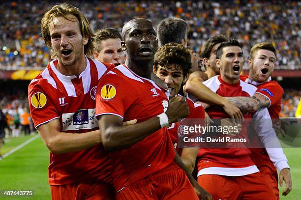 Stephane Mbia of Sevilla FC celebrates after scoring his team's first goal during the UEFA Europa League Semi Final second leg match between Valencia...