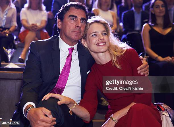 Andreas Rumbler and Natalia Vodianova attend the "Off White" charity auction for Naked Heart Foundation during the Cosmoscow art fair in Gostinny...