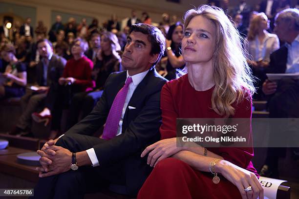 Andreas Rumbler and Natalia Vodianova attend the "Off White" charity auction for Naked Heart Foundation during the Cosmoscow art fair in Gostinny...