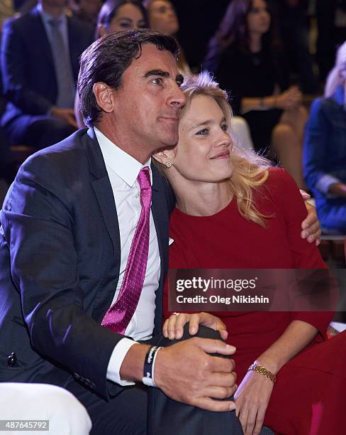 Andreas Rumbler and Natalia Vodianova attend the "Off White" charity auction for Naked Heart Foundation during the Cosmoscow art fair in Gostinny...