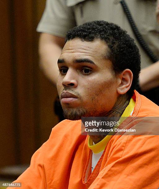 Singer Chris Brown appears in court for a probation violation hearing in Los Angeles Superior Court on May 1, 2014 in Los Angeles, California. Brown...