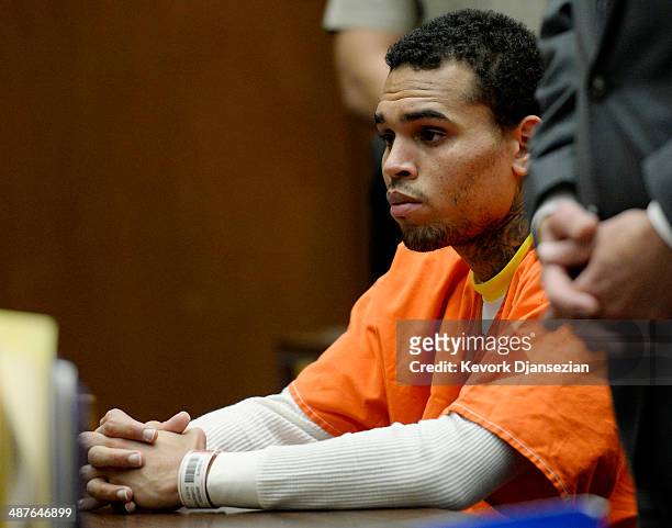 Singer Chris Brown appears in court for a probation violation hearing in Los Angeles Superior Court on May 1, 2014 in Los Angeles, California. Brown...