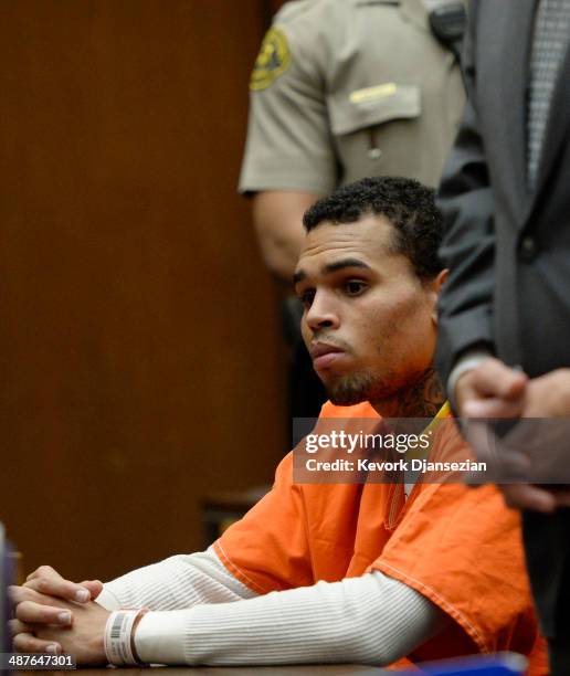 Singer Chris Brown appears in court for a probation violation hearing in Los Angeles Superior Court on May 1, 2014 in Los Angeles, California. Brown...