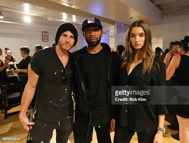 Gregory Siff, designer Kirby Jean-Raymond and Alyssa Arce backstage at Pyer Moss fashion show during Spring 2016 New York Fashion Week on September...