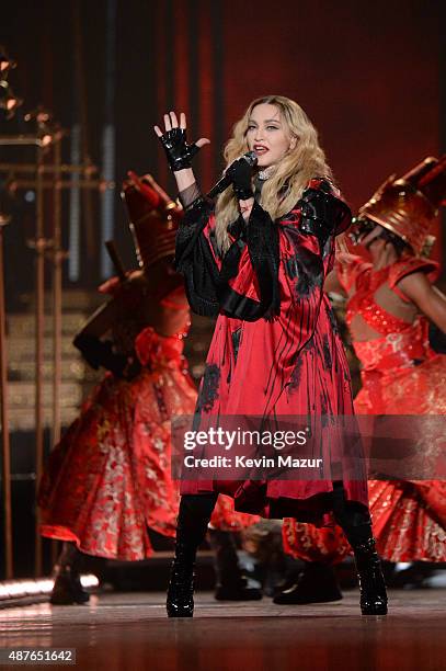 Madonna performs onstage during her "Rebel Heart" tour opener at Bell Centre on September 10, 2015 in Montreal, Canada.