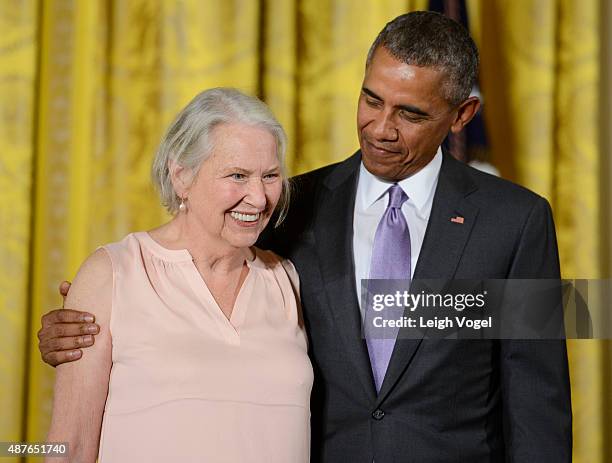 President Barack Obama presents author Annie Dillard with the 2014 National Humanities Medal at The White House on September 10, 2015 in Washington,...