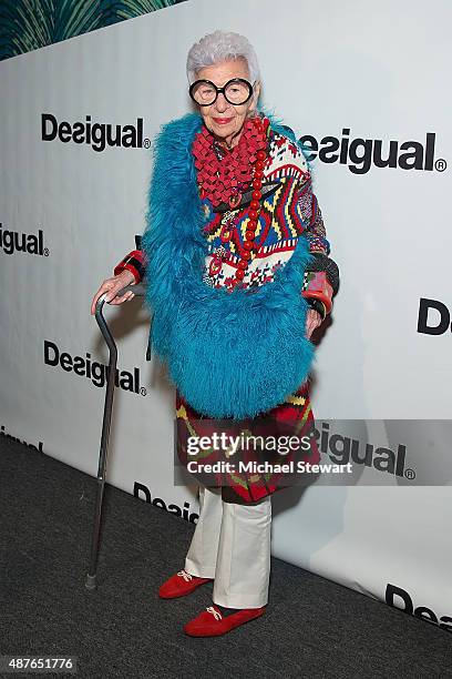 Iris Apfel attends the Desigual fashion show during Spring 2016 New York Fashion Week at The Arc, Skylight at Moynihan Station on September 10, 2015...